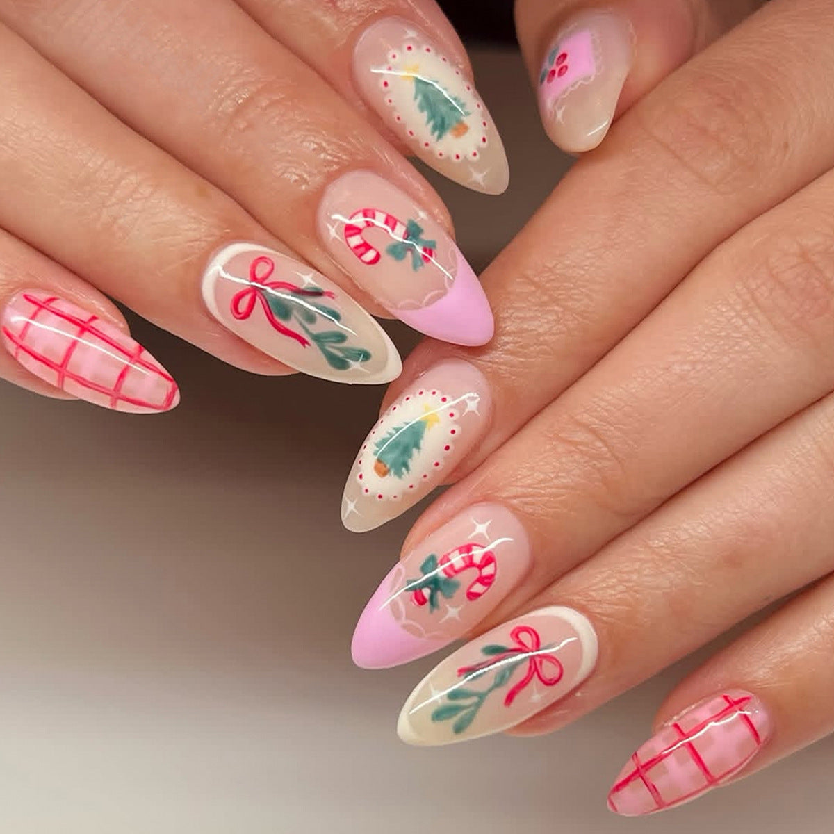 24pcs/Set Christmas Tree with Candies Cherries and Bow Press-On Nails