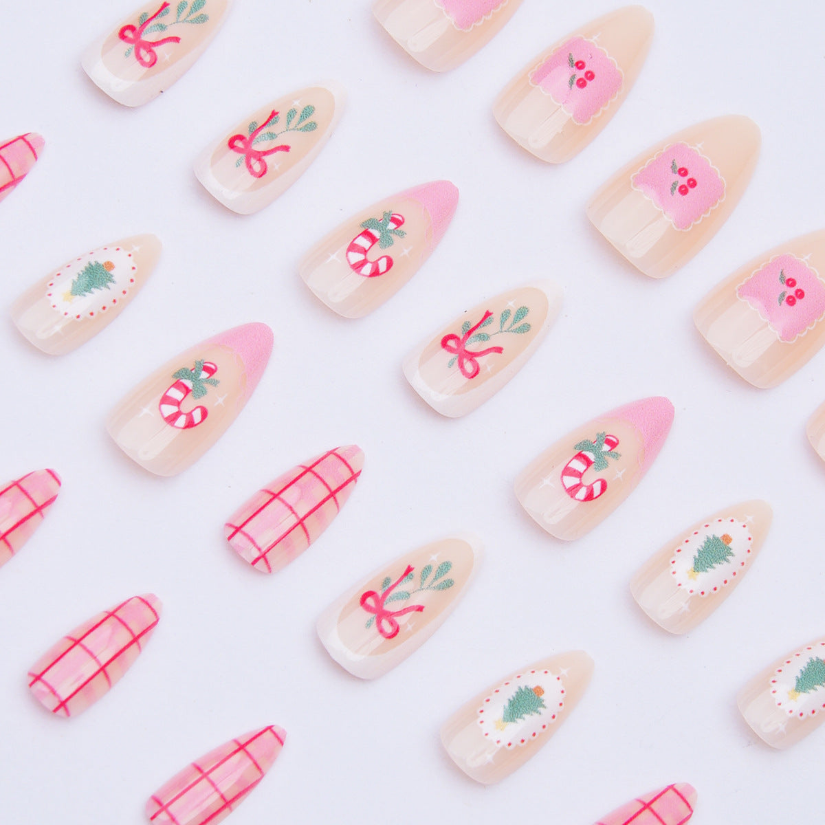 24pcs/Set Christmas Tree with Candies Cherries and Bow Press-On Nails