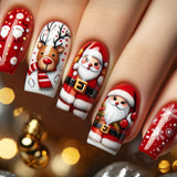 24pcs/Set Short Christmas Santa Claus White Snowflake Reindeer Press-On Nails
