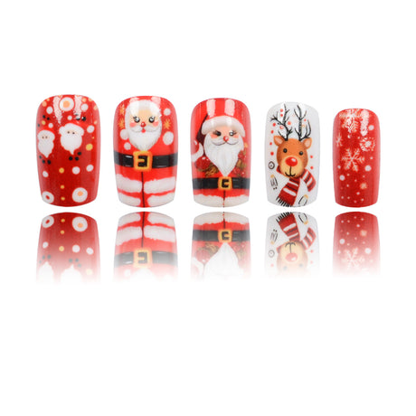 24pcs/Set Short Christmas Santa Claus White Snowflake Reindeer Press-On Nails