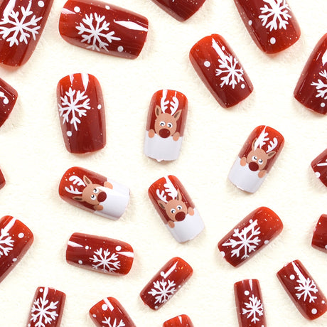 24pcs/Set Short Christmas Cartoon White Reindeer with Snowflakes Press-On Nails