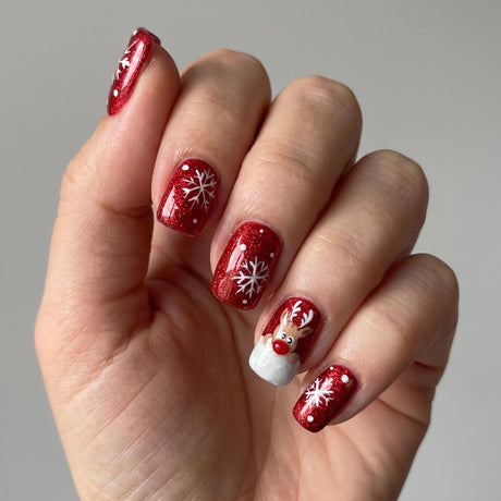 24pcs/Set Short Christmas Cartoon White Reindeer with Snowflakes Press-On Nails
