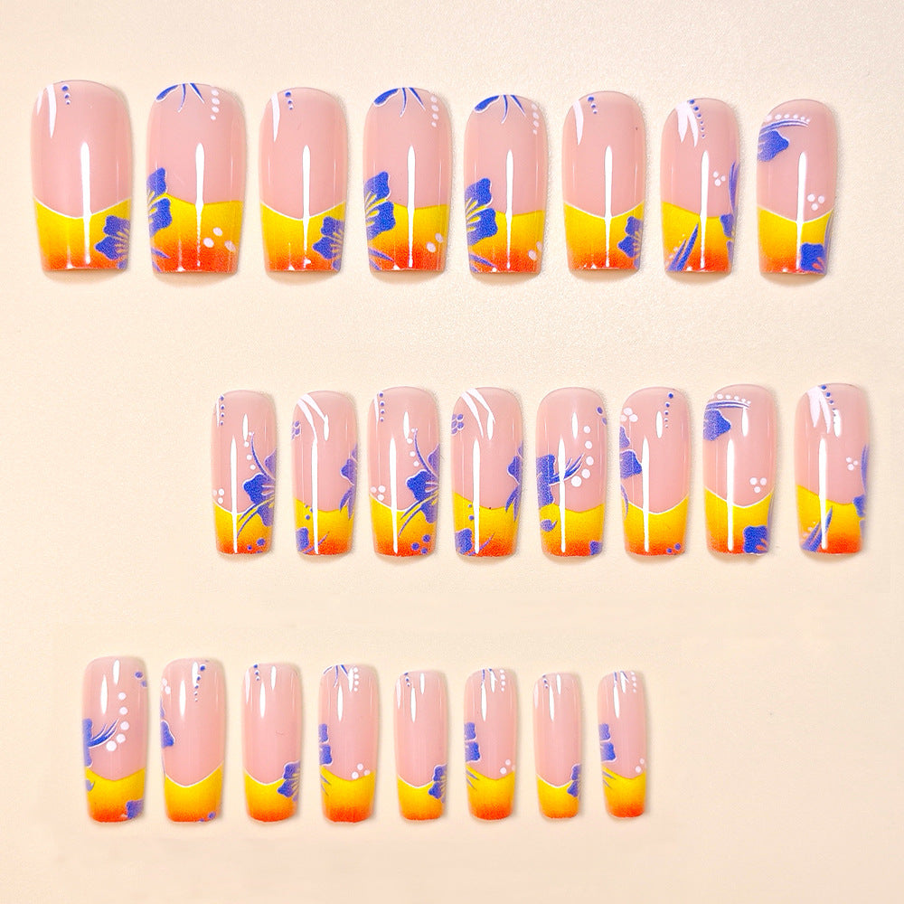 24pcs/Set Blue Flower Autumn Winter Orange Gradient French Style Press-On Nails