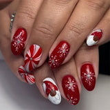 24pcs/Set Christmas Red 3D Rhinestone Almond Snowflake Candy Press-On Nails