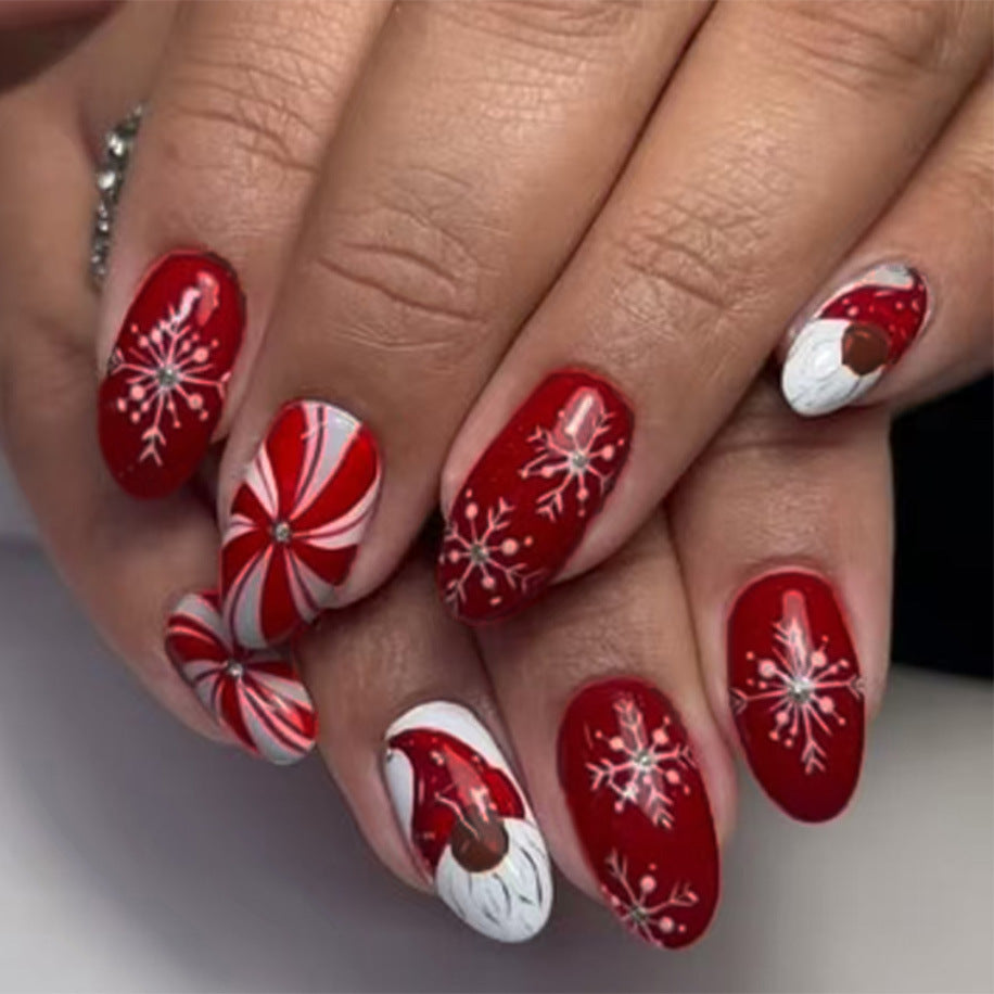 24pcs/Set Christmas Red 3D Rhinestone Almond Snowflake Candy Press-On Nails
