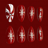 24pcs/Set Christmas Red 3D Rhinestone Almond Snowflake Candy Press-On Nails