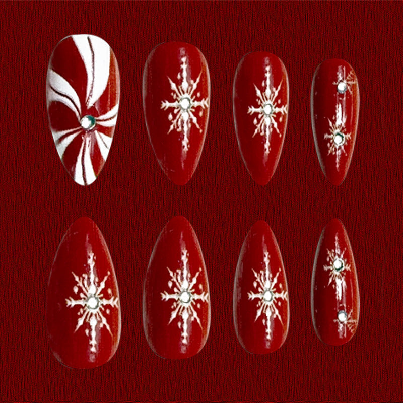 24pcs/Set Christmas Red 3D Rhinestone Almond Snowflake Candy Press-On Nails