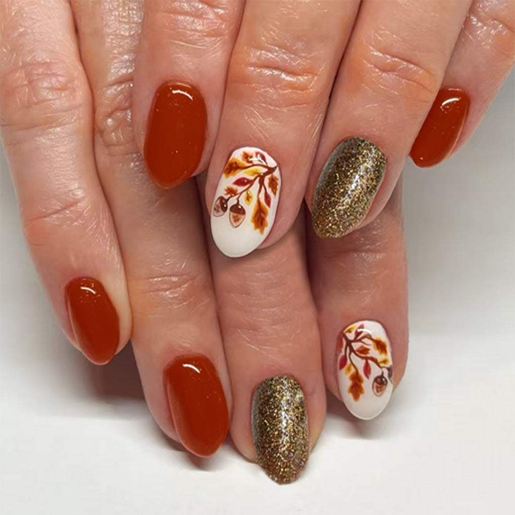 24pcs/Set Fall Winter Nut And Foliage Press-On Nails