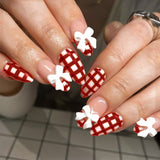 24pcs/Set Red And White Gingham French 3D Bow Press-On Nails