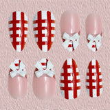 24pcs/Set Red And White Gingham French 3D Bow Press-On Nails