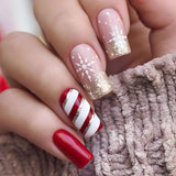 24pcs/Set Christmas Red And White Plaid Starry Glow Press-On Nails