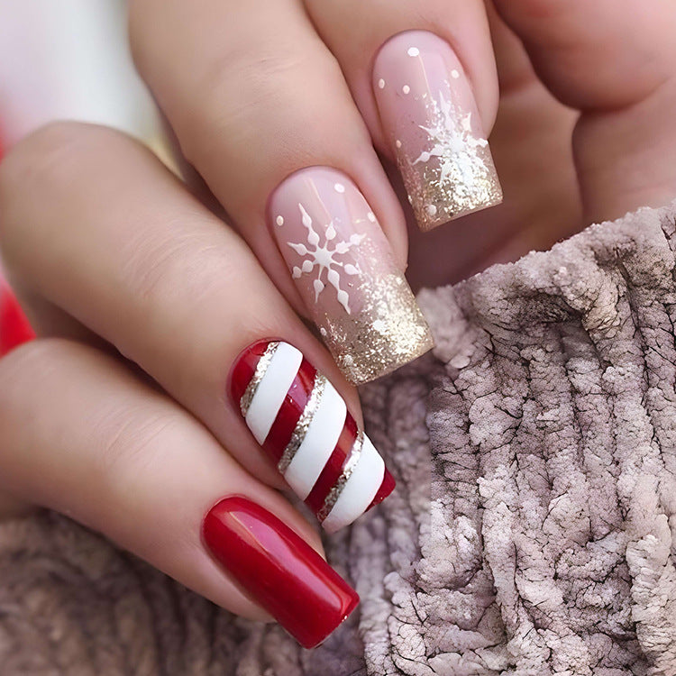 24pcs/Set Christmas Red And White Plaid Starry Glow Press-On Nails