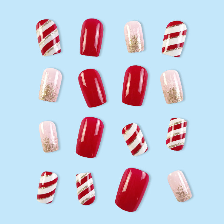 24pcs/Set Christmas Red And White Plaid Starry Glow Press-On Nails