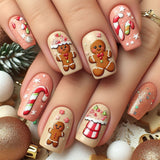 24pcs/Set Christmas 3D Gingerbread Man Candy Cane Short Press-On Nails