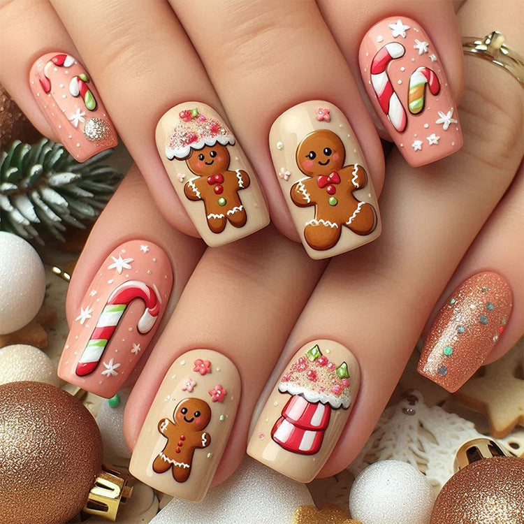 24pcs/Set Christmas 3D Gingerbread Man Candy Cane Short Press-On Nails
