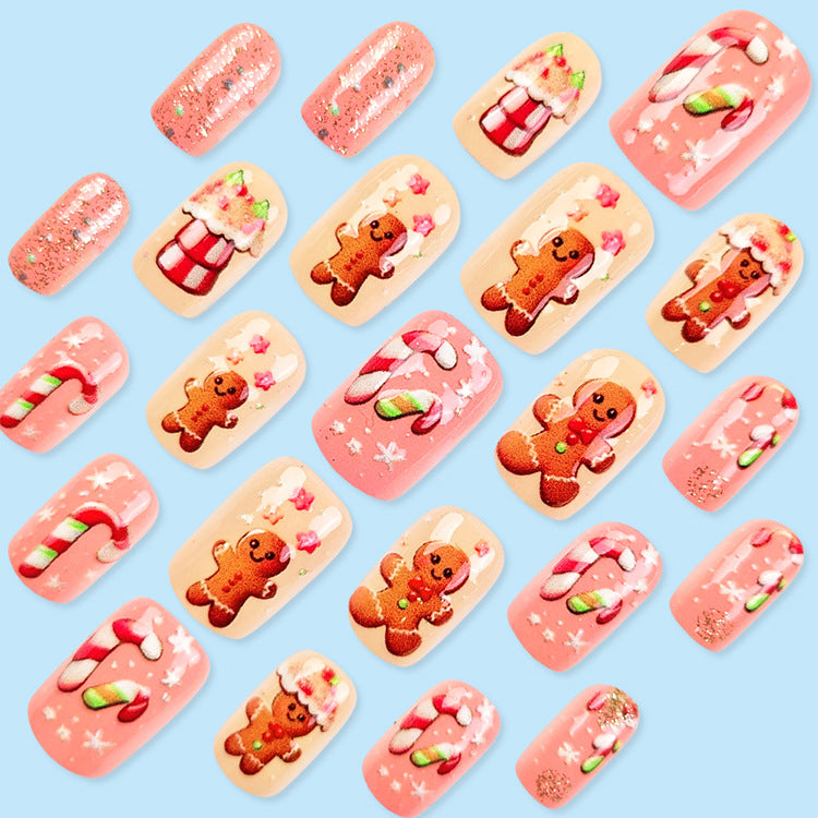 24pcs/Set Christmas 3D Gingerbread Man Candy Cane Short Press-On Nails