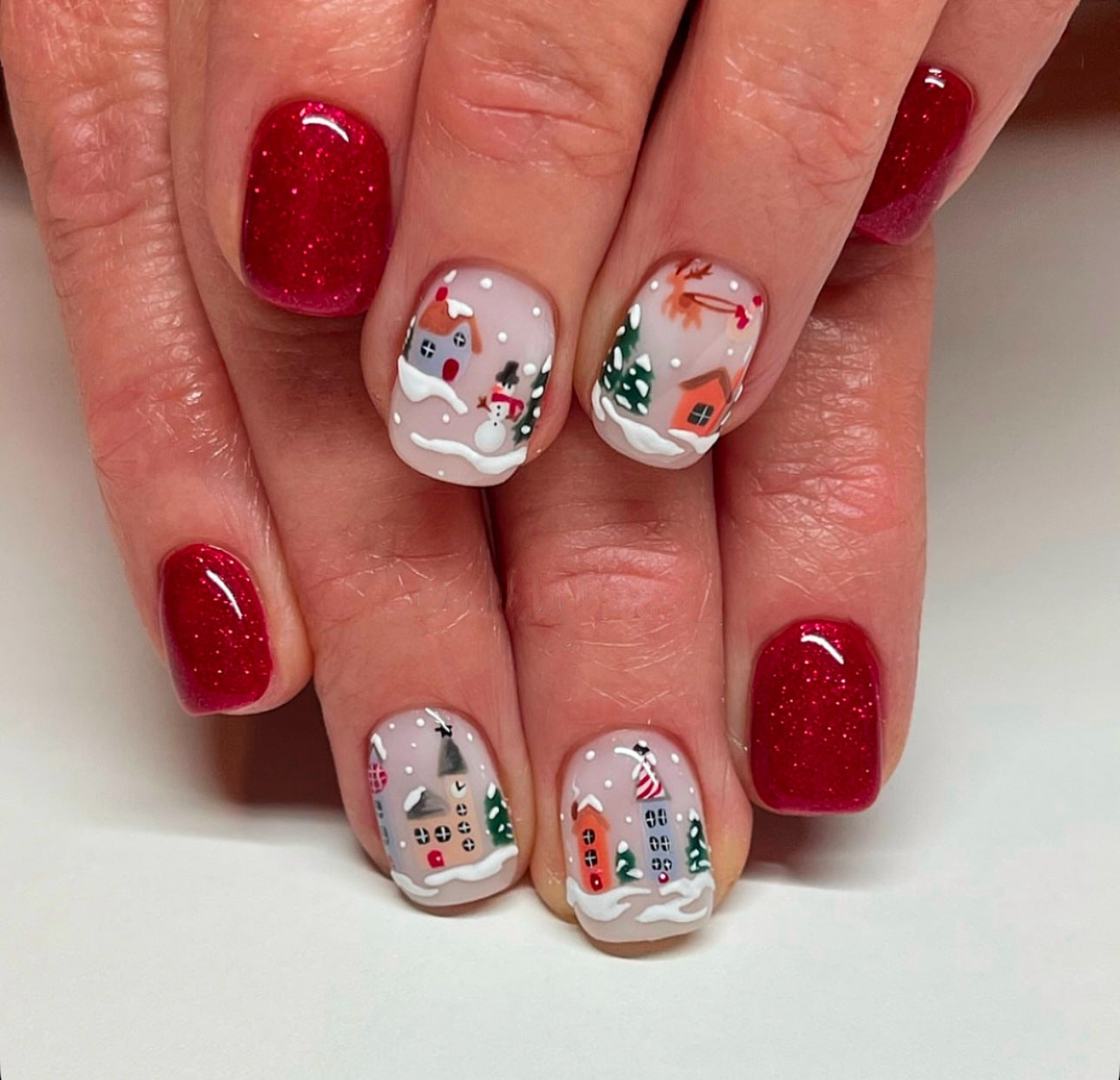 24pcs/Set Short Christmas Snowman Snowy House Press-On Nails