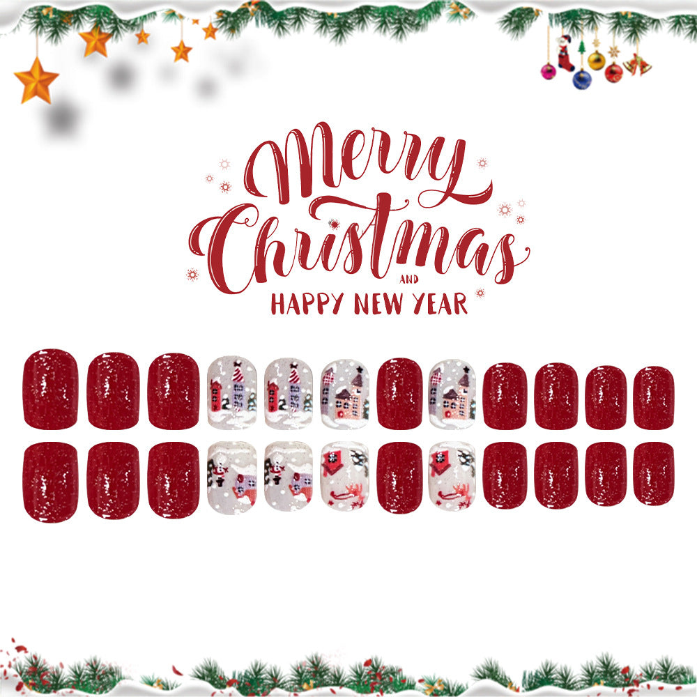 24pcs/Set Short Christmas Snowman Snowy House Press-On Nails