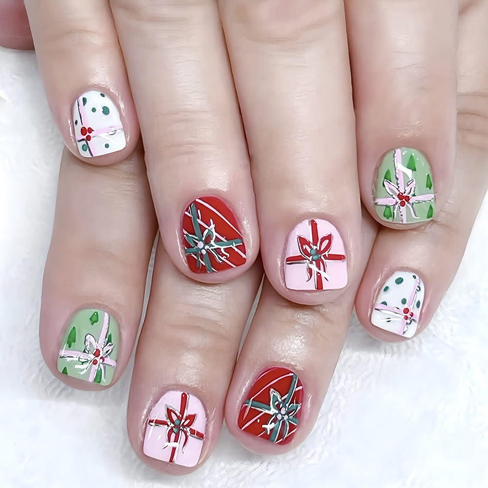 24pcs/Set Christmas Short-Style Bow Gift Press-On Nails