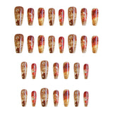 24pcs/Set Red Marbled With Gold Glitter Press-On Nails