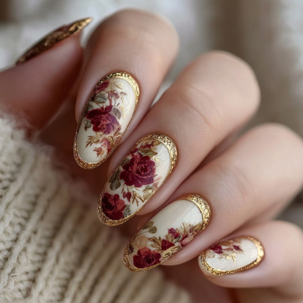 24pcs/Set Gilded Roses Oil Painting Style Press-On Nails