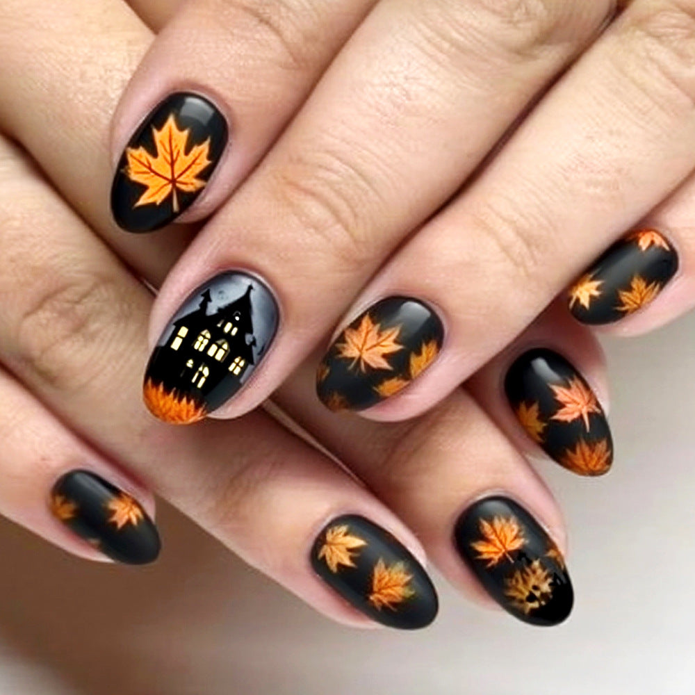 24pcs/Set Short Halloween Black Frosted Castle Maple Leaves Press-On Nails
