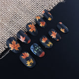 24pcs/Set Short Halloween Black Frosted Castle Maple Leaves Press-On Nails