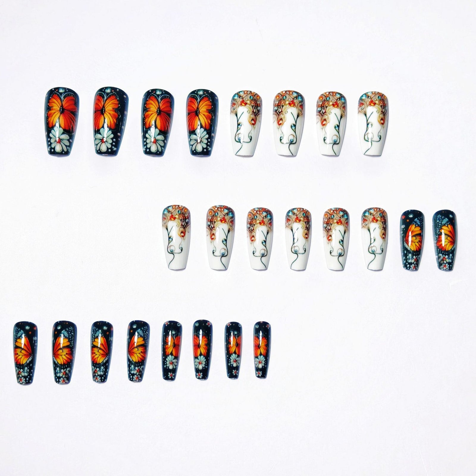 24pcs/Set Black And Blue Gradient Colorful Butterfly Flowers Press-On Nails