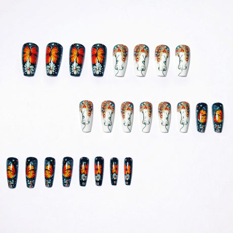 24pcs/Set Black And Blue Gradient Colorful Butterfly Flowers Press-On Nails