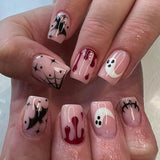 24pcs/Set Short Halloween Red Bloodstains Black Cobweb Bats Ghosts Press-On Nails