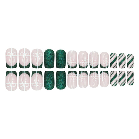 24pcs/Set Christmas Snowflake Glitter Stripes Green French Press-On Nails