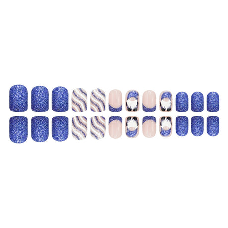 24pcs/Set Christmas Short-Style Santa Blue Glitter French Stripes Press-On Nails