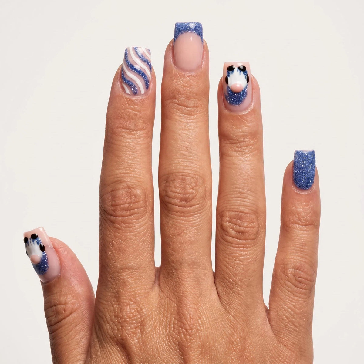 24pcs/Set Christmas Short-Style Santa Blue Glitter French Stripes Press-On Nails