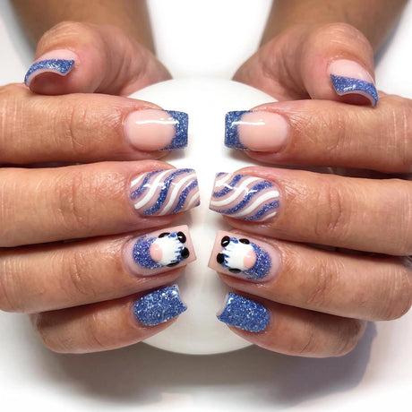 24pcs/Set Christmas Short-Style Santa Blue Glitter French Stripes Press-On Nails