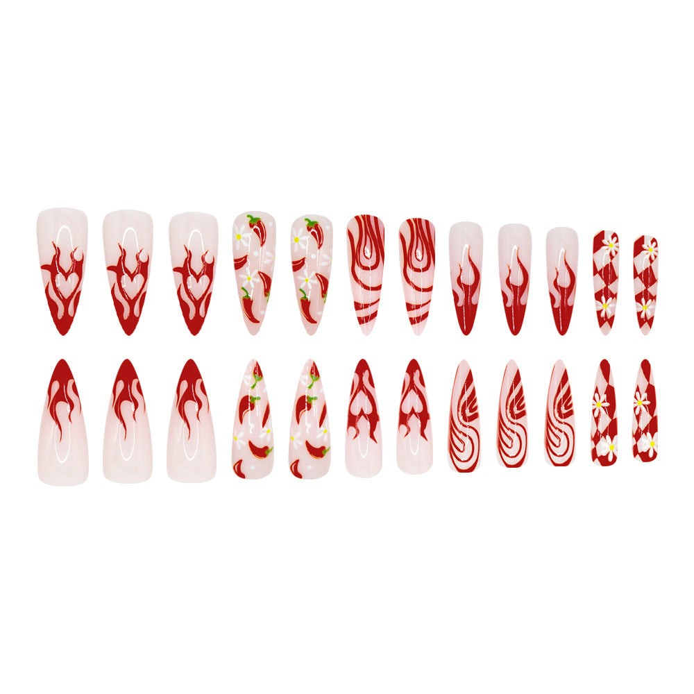 24pcs/Set Long Pointed Floral Flame with Striped Hearts Press-On Nails
