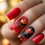 24pcs/Set Red And Black Flowers Press-On Nails