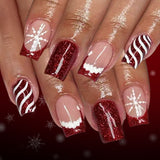24pcs/Set Short Striped French Christmas Hat with Snowflakes Press-On Nails