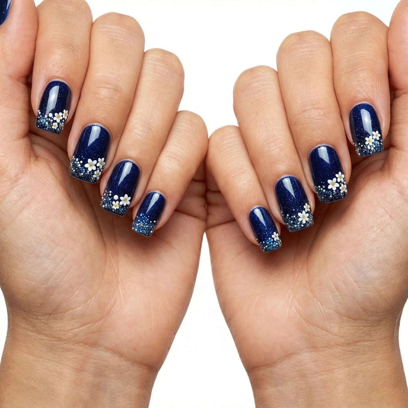 24pcs/Set Dark Blue Polka Dot Flower Press-On Nails