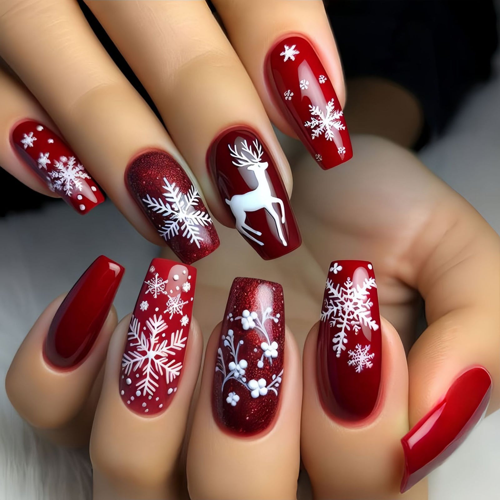 24pcs/Set Christmas Red Snowflake Reindeer Press-On Nails