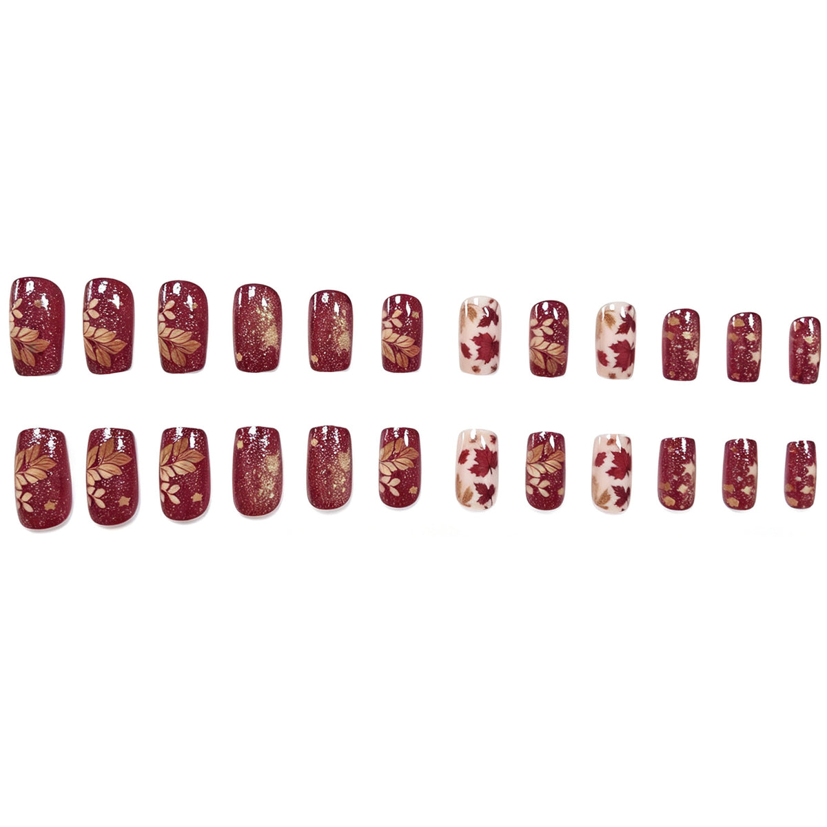 24pcs/Set Dark Maple Leaf Short Press-On Nails