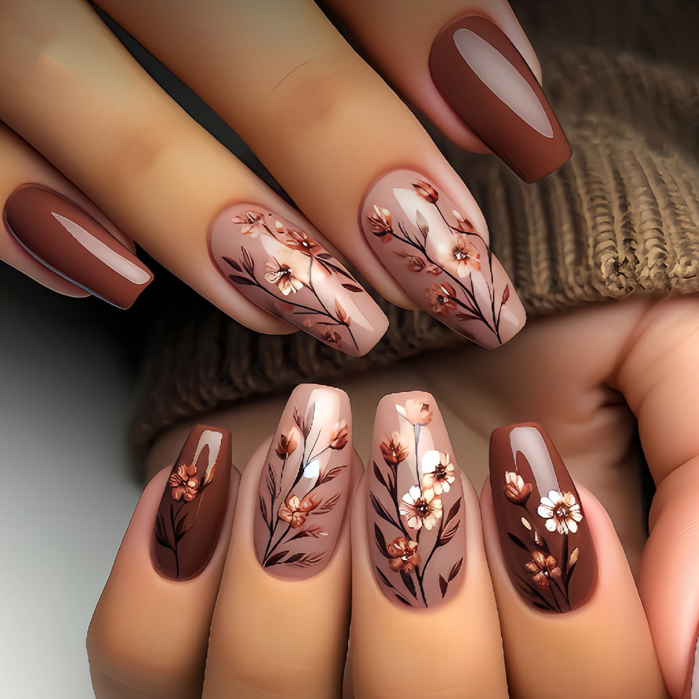 24pcs/Set Mocha Brown Fall/Winter Flowers Press-On Nails