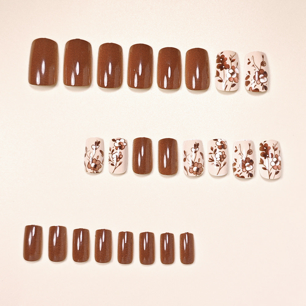 24pcs/Set Autumn Winter Brown Flower Press-On Nails