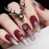 24pcs/Set Christmas Snowflake Burgundy Matte Silver Glitter Gradient Press-On Nails