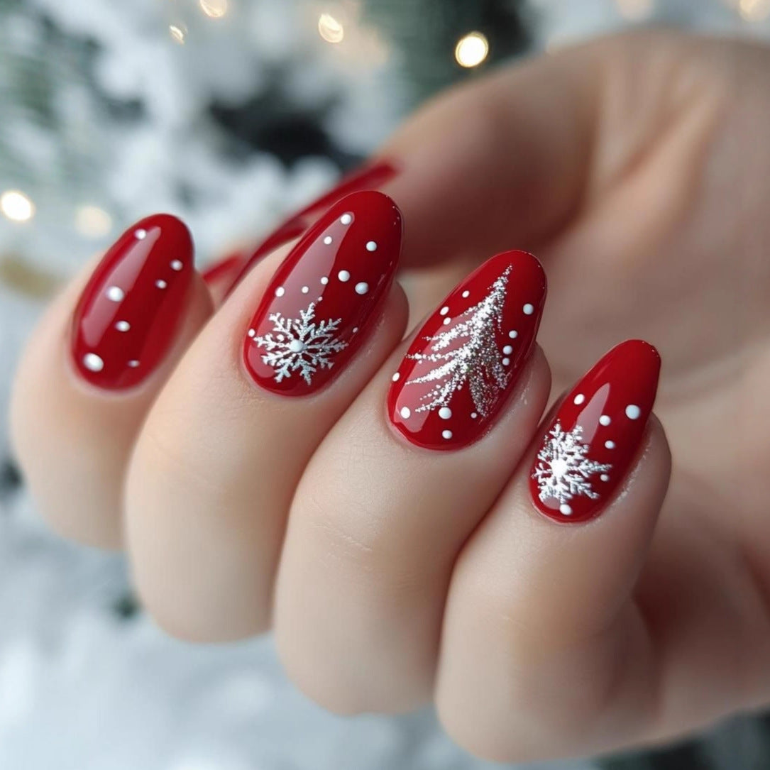 24pcs/Set Short Christmas Silver Glitter Burgundy Press-On Nails