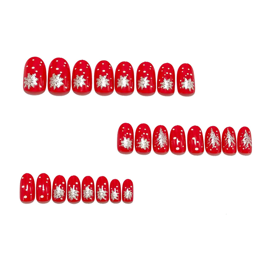 24pcs/Set Short Christmas Silver Glitter Burgundy Press-On Nails