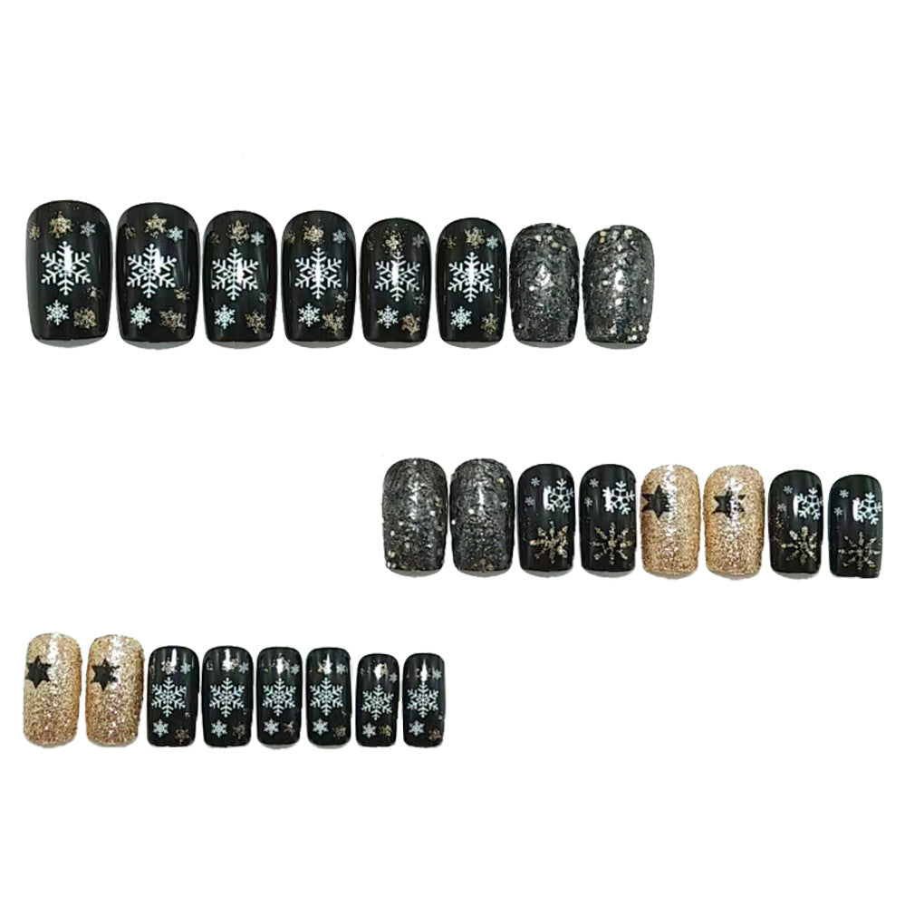 24pcs/Set Dark Glitter Snowflake Press-On Nails