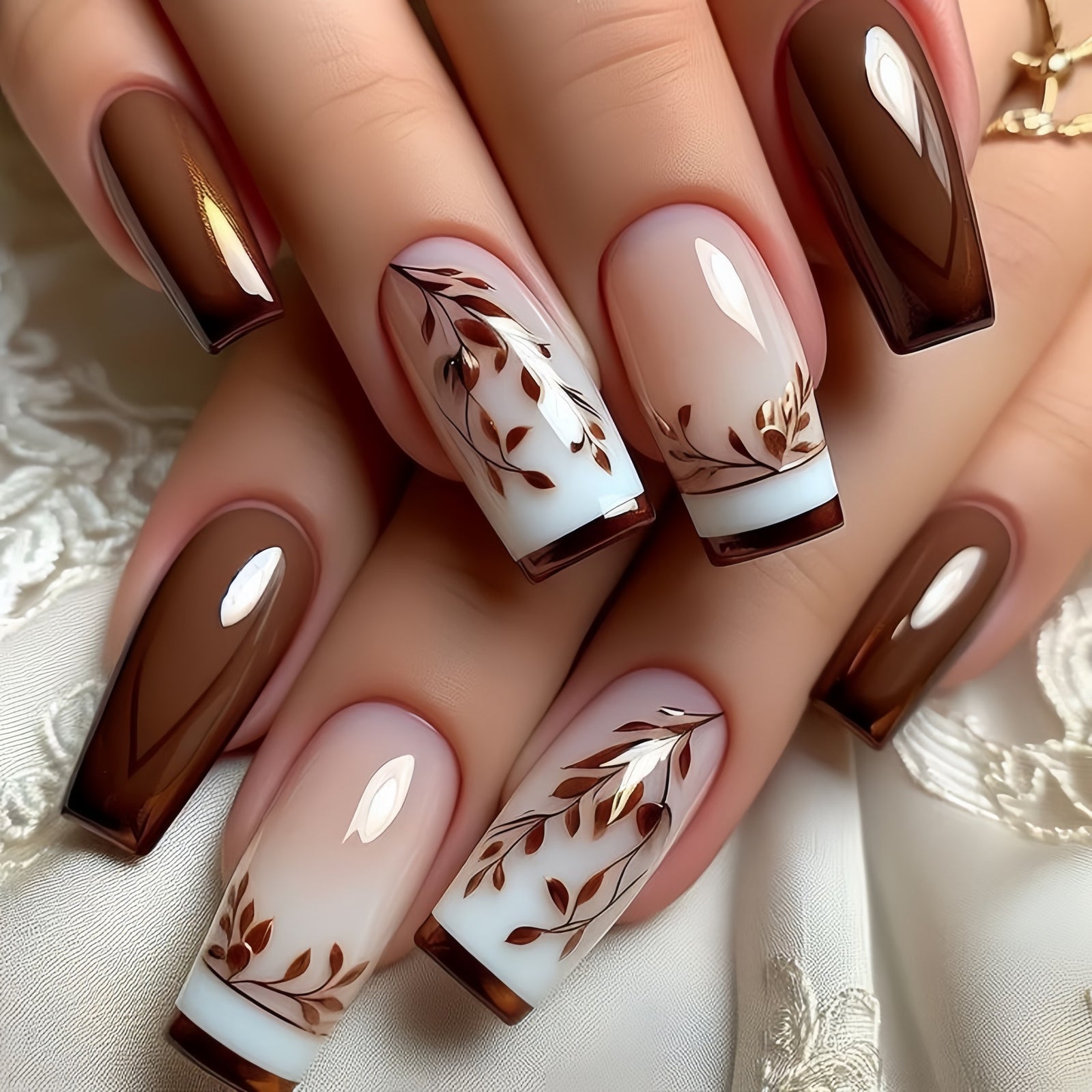 24pcs/Set Autumn Winter Brown Vine Press-On Nails