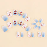 24pcs/Set Short Style Christmas Apple with Blue Ombre Bow Press-On Nails