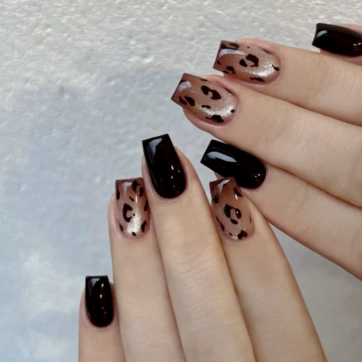 24pcs/Set Black Gradient Brown Cat Eye Leopard Press-On Nails