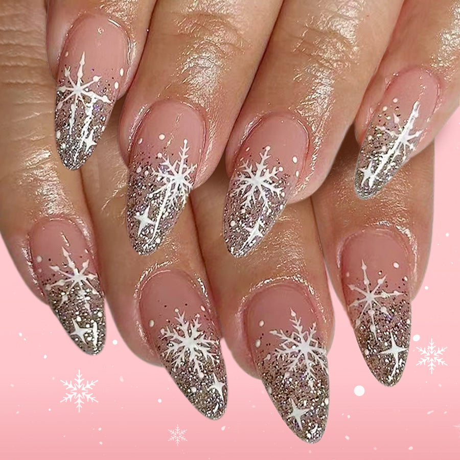 24pcs/Set Christmas French Silver Glitter Snowflake Press-On Nails